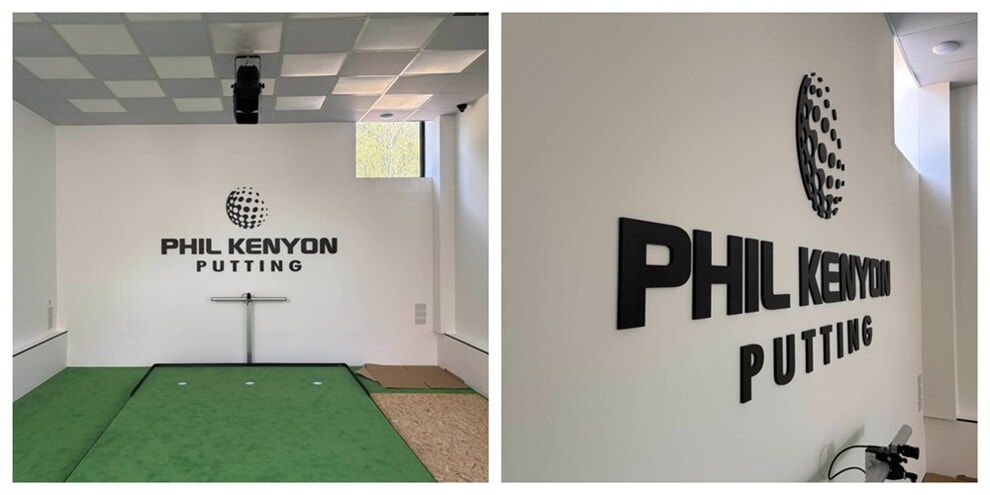 A collage of the black interior signage that says, "Phil Kenyon Putting".